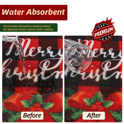 Water Absorbent Buffalo Plaid Poinsettia Christmas Kitchen Rug Runner
