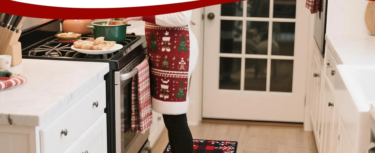 Woman Cooking on Buffalo Plaid Poinsettia Christmas Kitchen Rug Runner