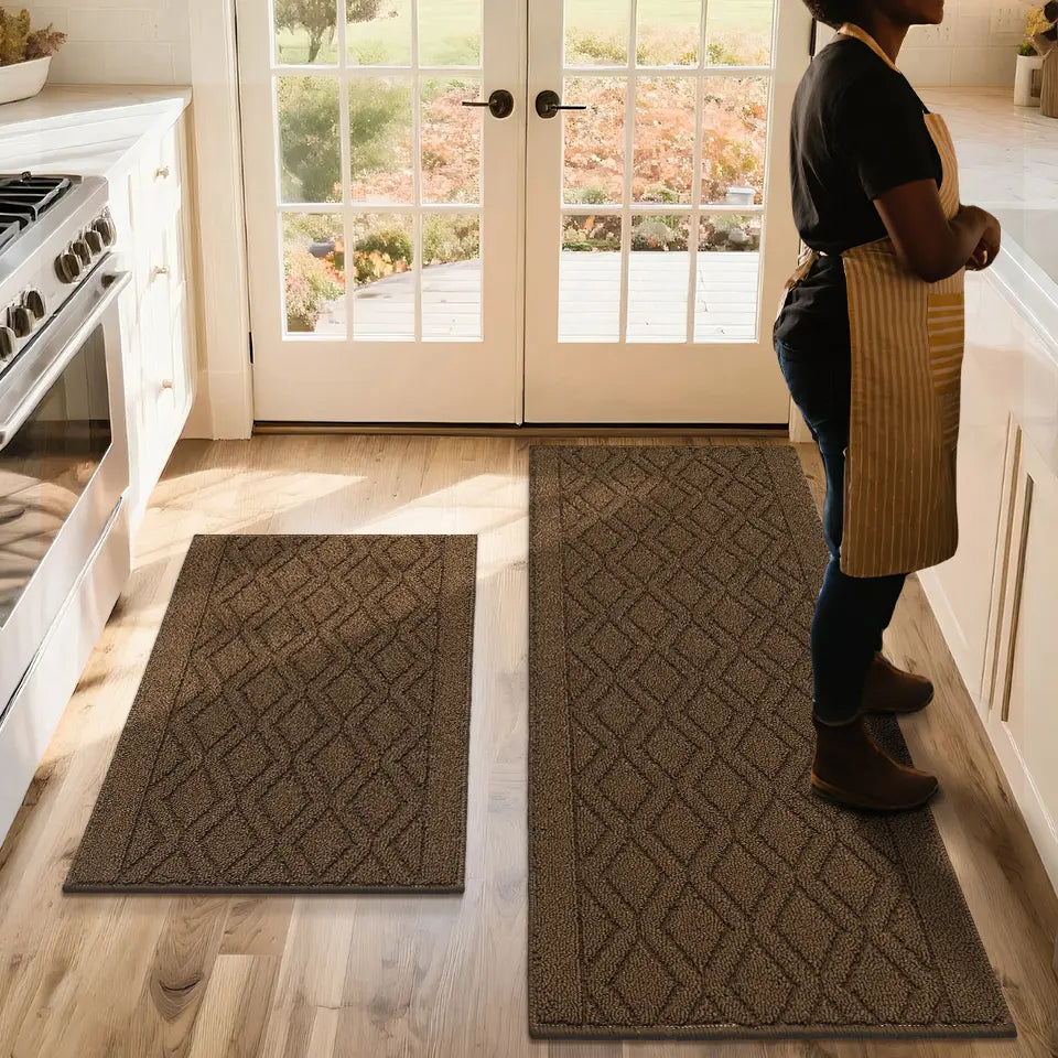 Woman Stand in Kitchen with Brown Kitchen Rugs Set