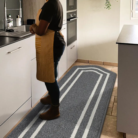 Woman Stand on 24x79 Dark Grey Long Oval Washable Kitchen Rug