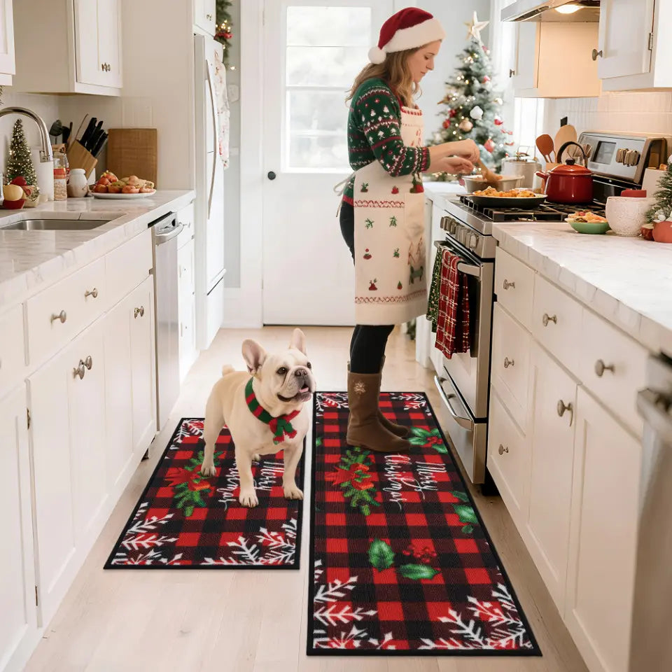 Woman a Dog in Christmas Kitchen with Buffalo Plaid Poinsettia Christmas Kitchen Rug Runner