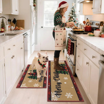 Woman a Dog in Christmas Kitchen with Tree Snowflakes Xmas Kitchen Mats